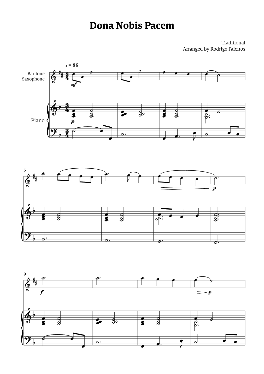 Dona Nobis Pacem - for baritone saxophone (with piano accompaniment) (arr. Rodrigo Faleiros)