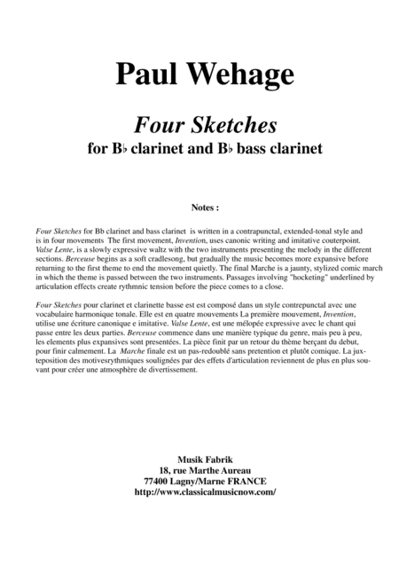 Paul Wehage: Four Sketches for Bb clarinet and bass clarinet