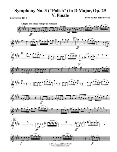 Tchaikovsky Symphony No. 3, Movement V - Clarinet in Bb 1 (Transposed Part), Op. 29 (arr. Doug Clyde)