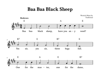 Baa Baa Black Sheep - Lead Sheet (E Major - Easy Traditional) (arr. Yuri Noronha)