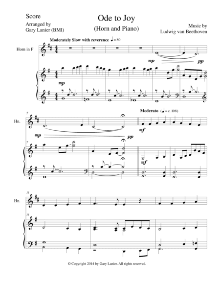 ODE TO JOY (French Horn Piano and Horn Part) Joyful, Joyful, We Adore Thee (arr. Gary Lanier)
