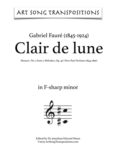 FAURÉ: Clair de lune, Op. 46 no. 2 (transposed to A minor, bass clef) (arr. ArtSongTranspositions.com)