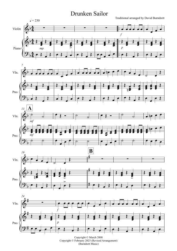 Drunken Sailor for Violin and Piano (arr. David Burndrett)