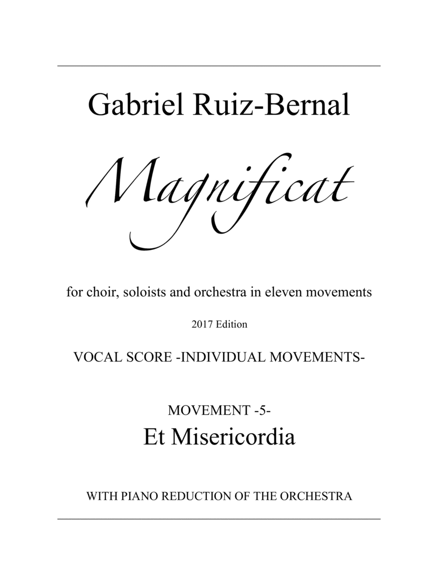 MAGNIFICAT. Mov. 5 "Et Misericordia" for Soprano, Alto, Tenor with piano (orchestra reduction)