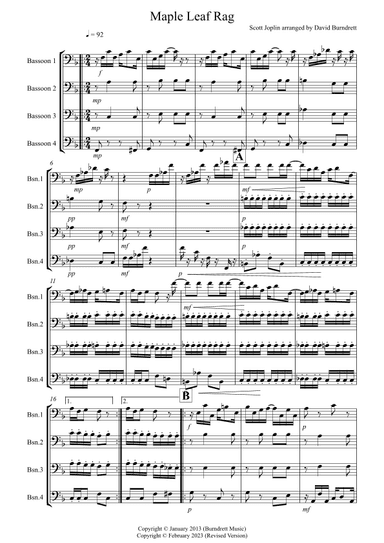 Maple Leaf Rag for Bassoon Quartet (arr. David Burndrett)