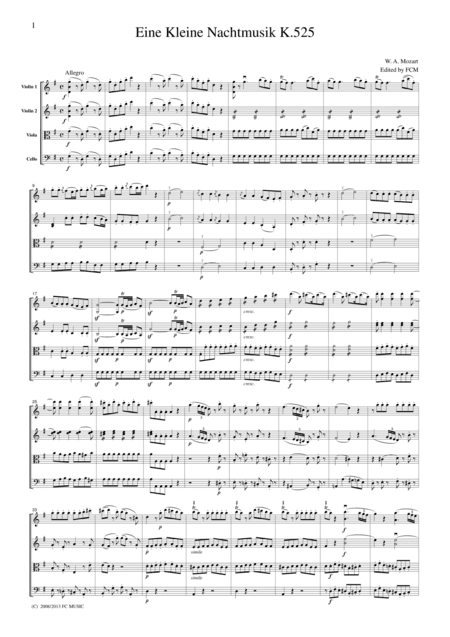 Mozart Eine Kleine Nachtmusik K.525, all mvts., for string quartet, CM018 (arr. FCMUSIC)