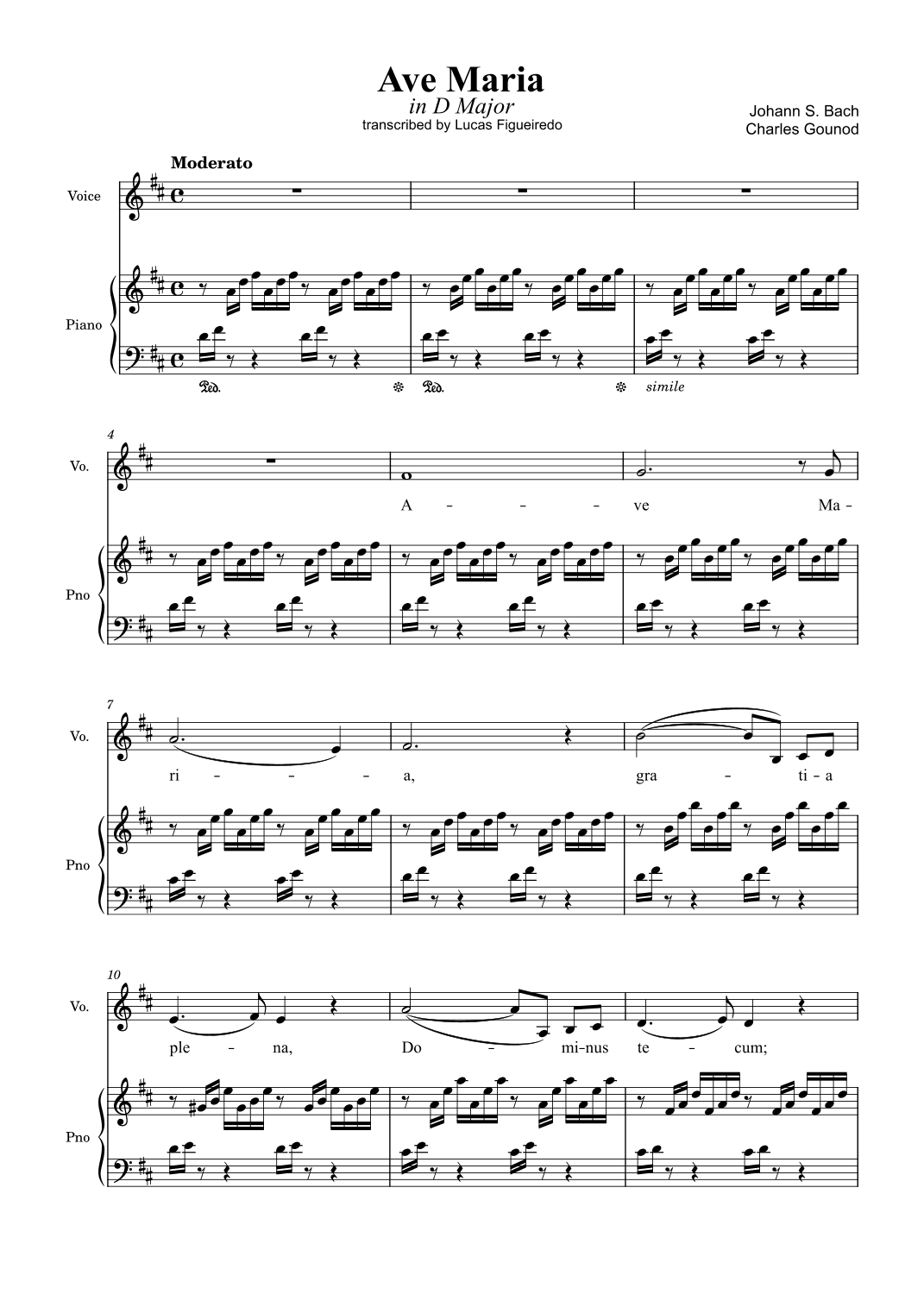 Ave Maria (Bach-Gounod) in D Major for Piano and Voice (arr. Lucas Figueiredo)
