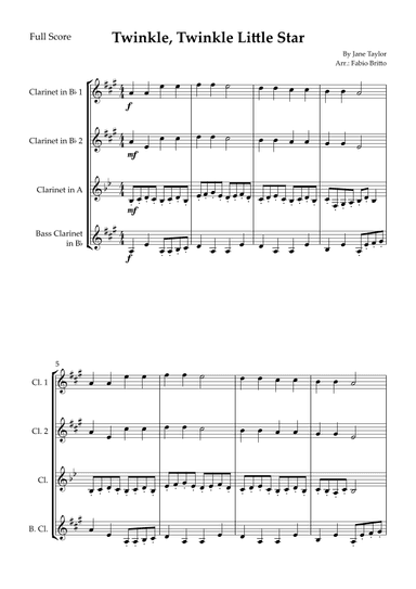 Twinkle, Twinkle Little Star for Clarinet Quartet (arr. Fabio Britto)