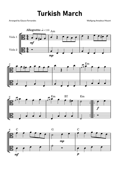 Turkish March by Mozart - Viola Duet with Chord Notations (arr. Glauco Fernandes)
