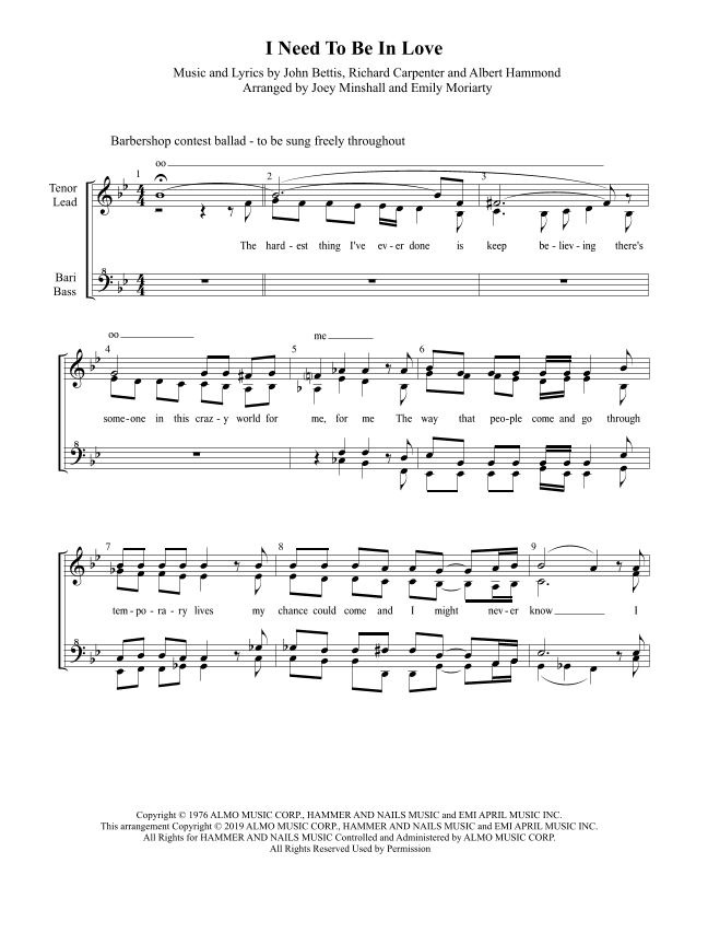 I Need To Be In Love (arr. Joey Minshall and Emily Moriarty)