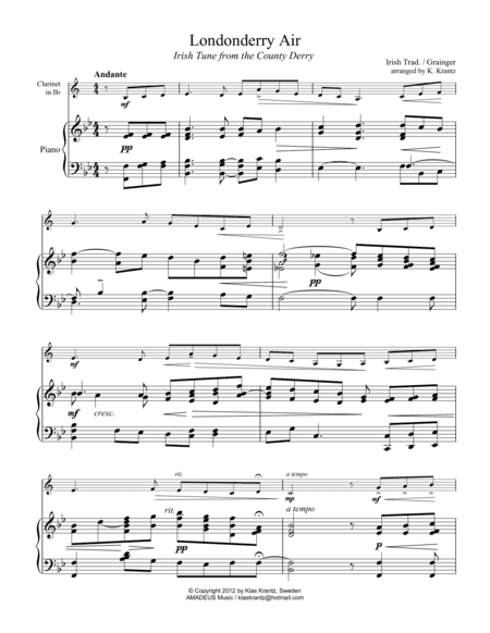 Londonderry air for clarinet in Bb and piano (arr. Amadeus Music)