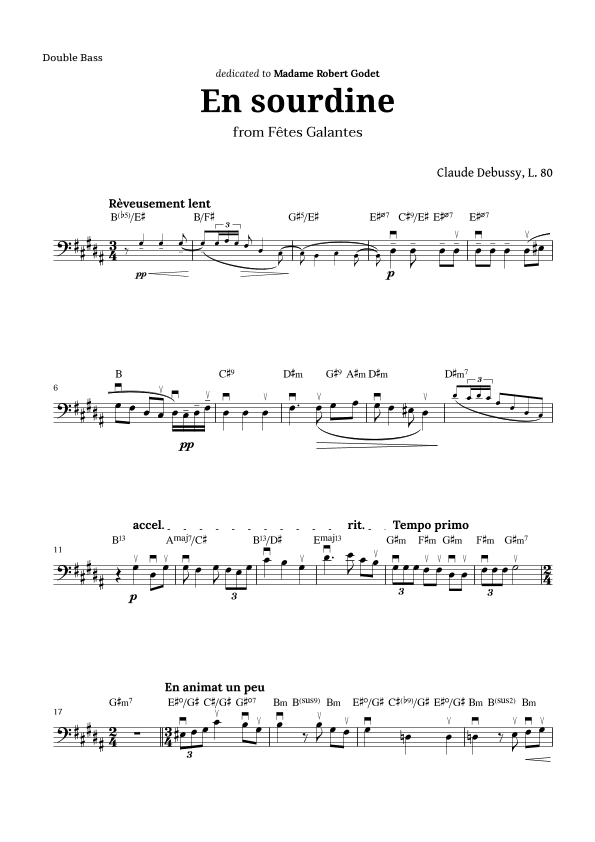En sourdine by Debussy for Double Bass and Chords (arr. Langanho)