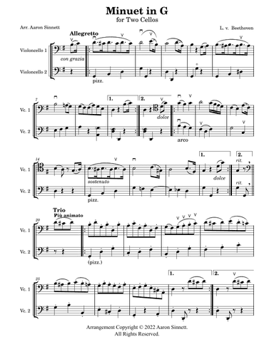 Minuet in G for Cello Duet (arr. Aaron Sinnett)