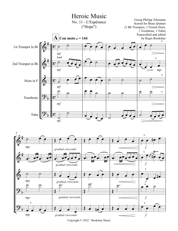 Heroic Music - No. 11. L'Esperance (F) (Brass Quintet - 2 Trp, 1 Hrn, 1 Trb, 1 Tuba) (arr. Regis Bookshar)