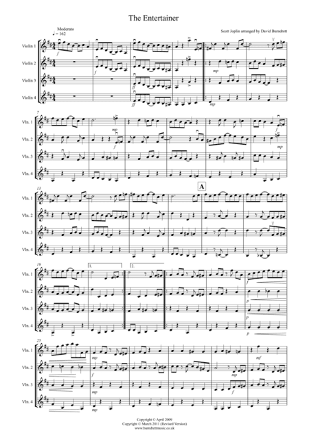 The Entertainer for Violin Quartet (arr. David Burndrett)