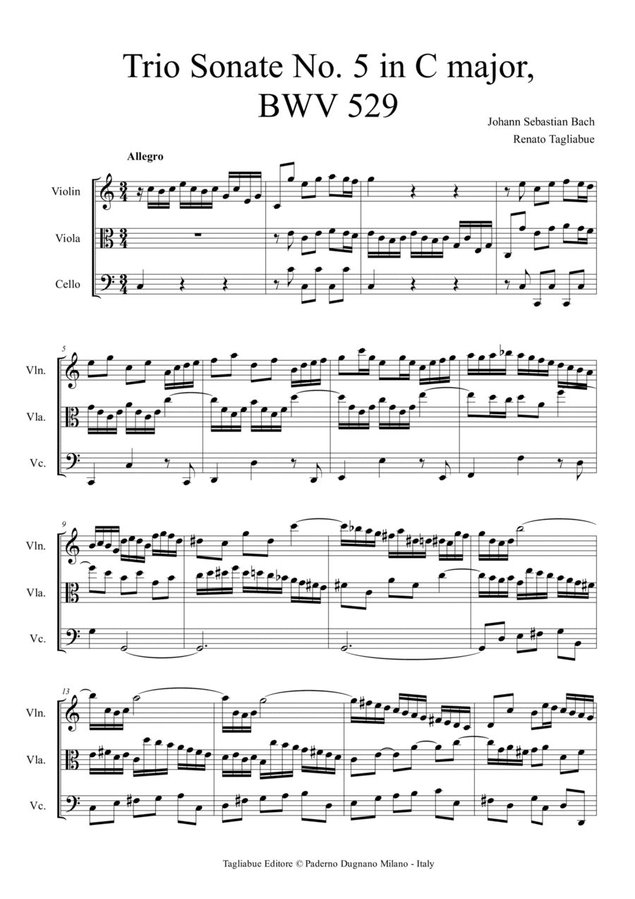J.S. Bach - BWV 529 - Trio Sonate No. 5 in C major - Arr. for String Trio (arr. Renato Tagliabue)