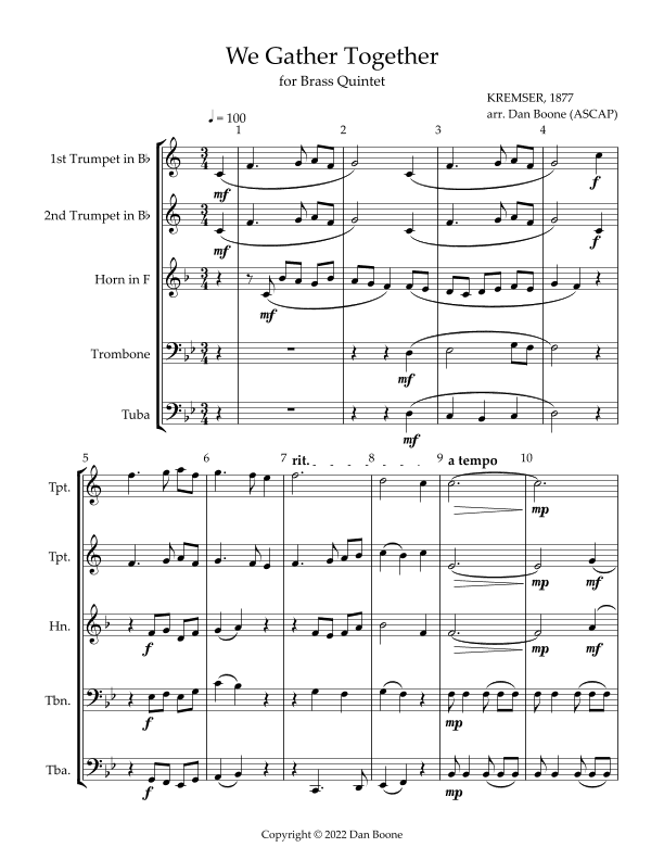 We Gather Together for Brass Quintet (arr. Dan Boone (ASCAP))