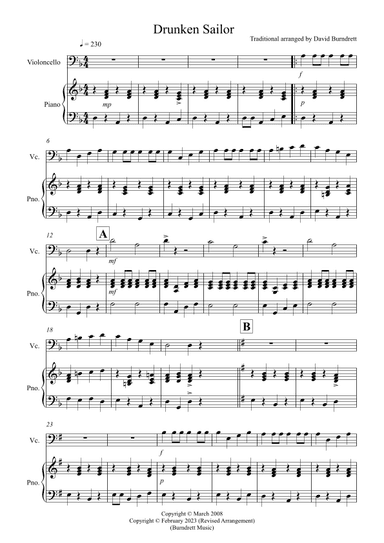 Drunken Sailor for Cello and PIano (arr. David Burndrett)