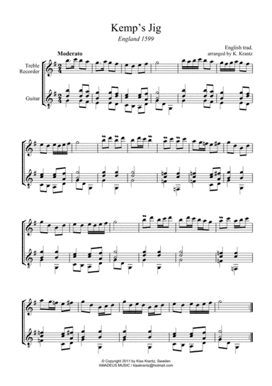 Kemp's Jig and Spilt Whiskey (Suo-gan) forTreble recorder and guitar (arr. K. Krantz)