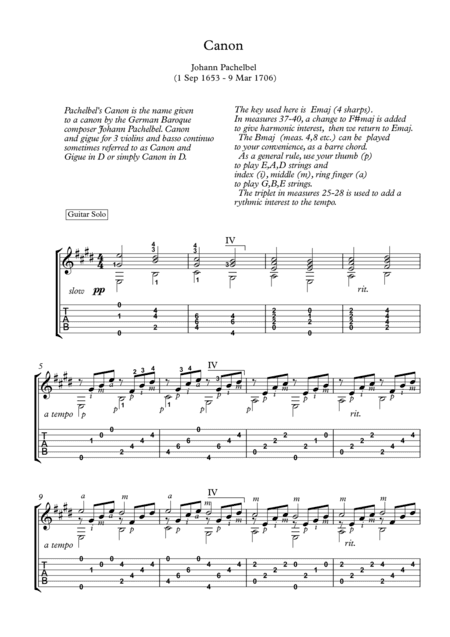 Canon by Pachelbel guitar solo with TAB (arr. PianoSheetNow)