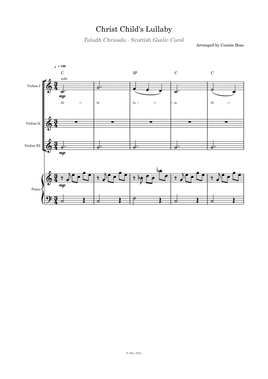 Christ Child's Lullaby (Taladh Chriosda) -  violin trio and piano with parts page (arr. Connie Boss)