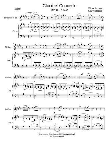 Adagio (Mvt. II) from Clarinet Concert (arr. Gary Bricault)