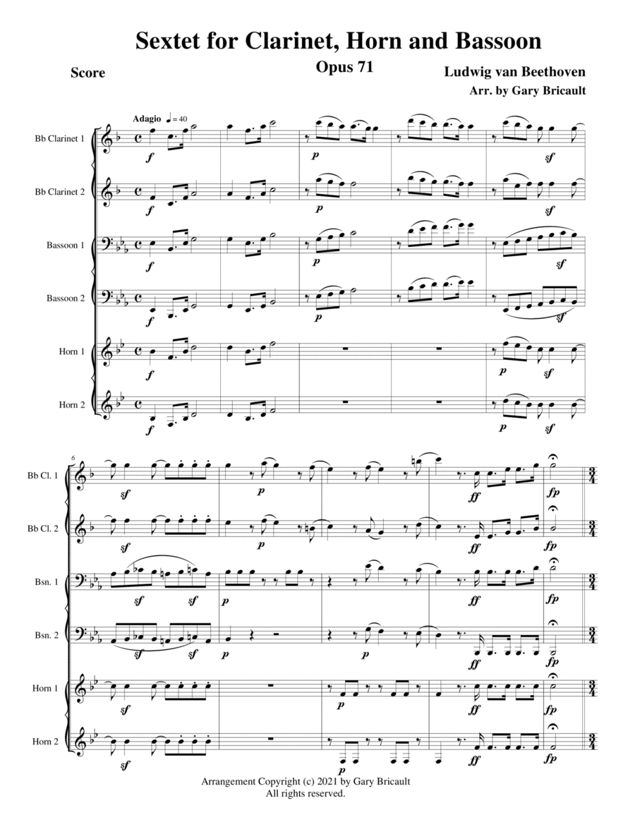 Sextet for Clarinet, Horn and Bassoon - Opus 71 (arr. Gary Bricault)