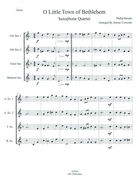 O Little Town of Bethlehem for Saxophone Quartet (SATB or AATB) (arr. Jeremy Corcoran)
