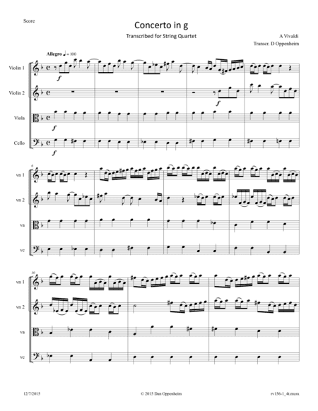 Vivaldi: Concerto in G minor RV 156 movement I arranged for String Quartet (arr. D Oppenheim)