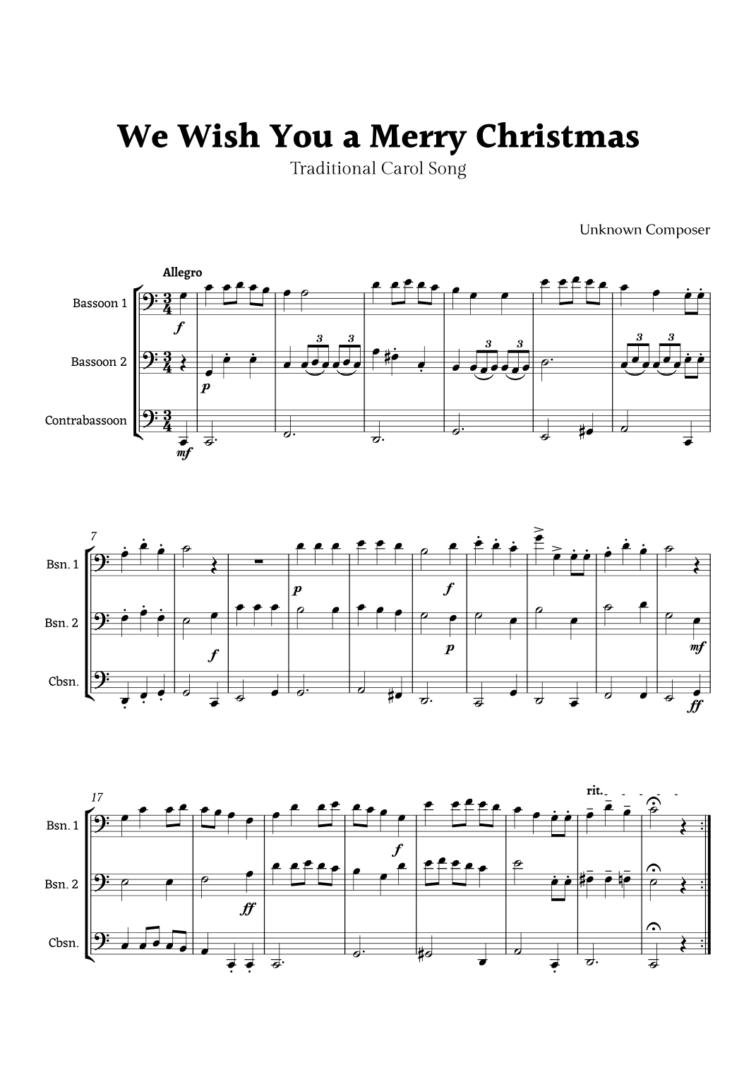 We Wish you a Merry Christmas for Bassoon Ensemble Trio (arr. Rika K.)