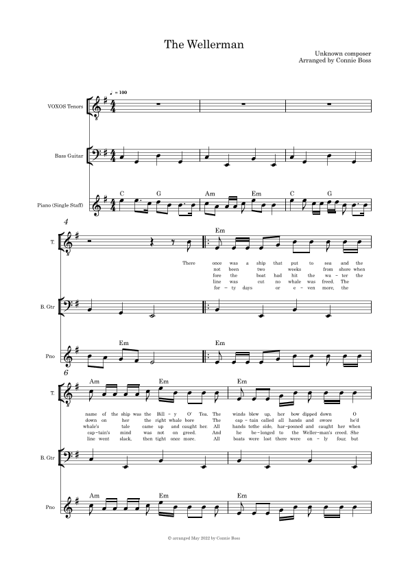The Wellerman - Alto or Tenor, bass guitar and single staff Piano (arr. Connie Boss)