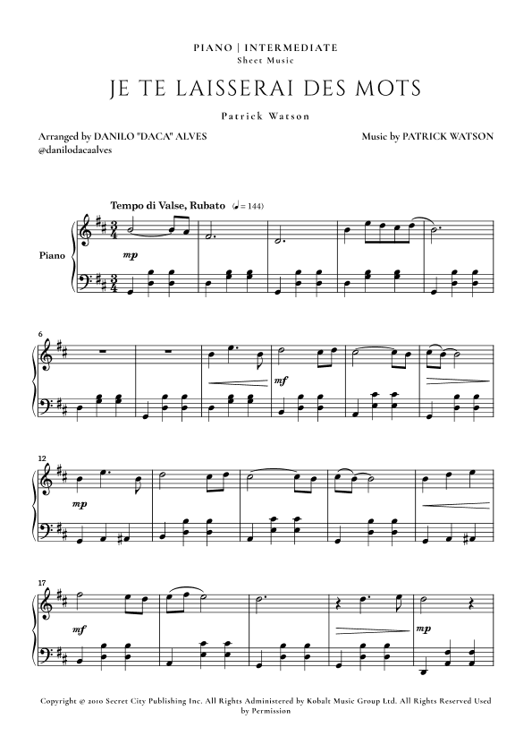 Je Te Laisserai Des Mots (arr. Danilo "Daca" Alves)