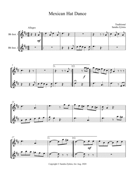 Mexican Hat Dance (Bb instrument duet, parts only) (arr. Sandra Zylstra)