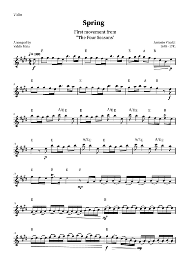 Spring - The Four Seasons for Violin Solo (E Major with chords) (arr. Valdir Maia)