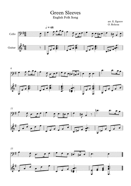 Green Sleeves, English Folk Song, For Cello & Guitar