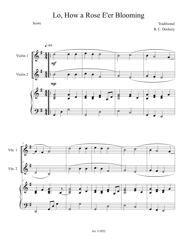 Lo, How a Rose E'er Blooming (Violin Duet with Piano Accompaniment) (arr. B. C. Dockery)