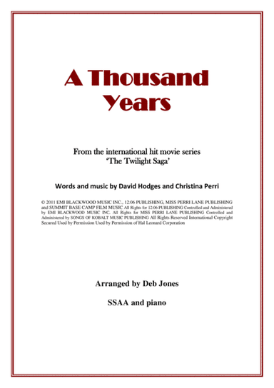 A Thousand Years (arr. Deb Jones)