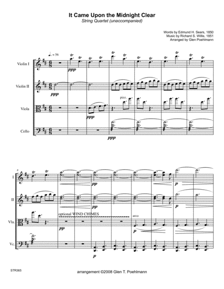 IT CAME UPON THE MIDNIGHT CLEAR - STRING QUARTET (or 3 Violins & Cello) (Grade 4-) (arr. Glen Poehlmann)