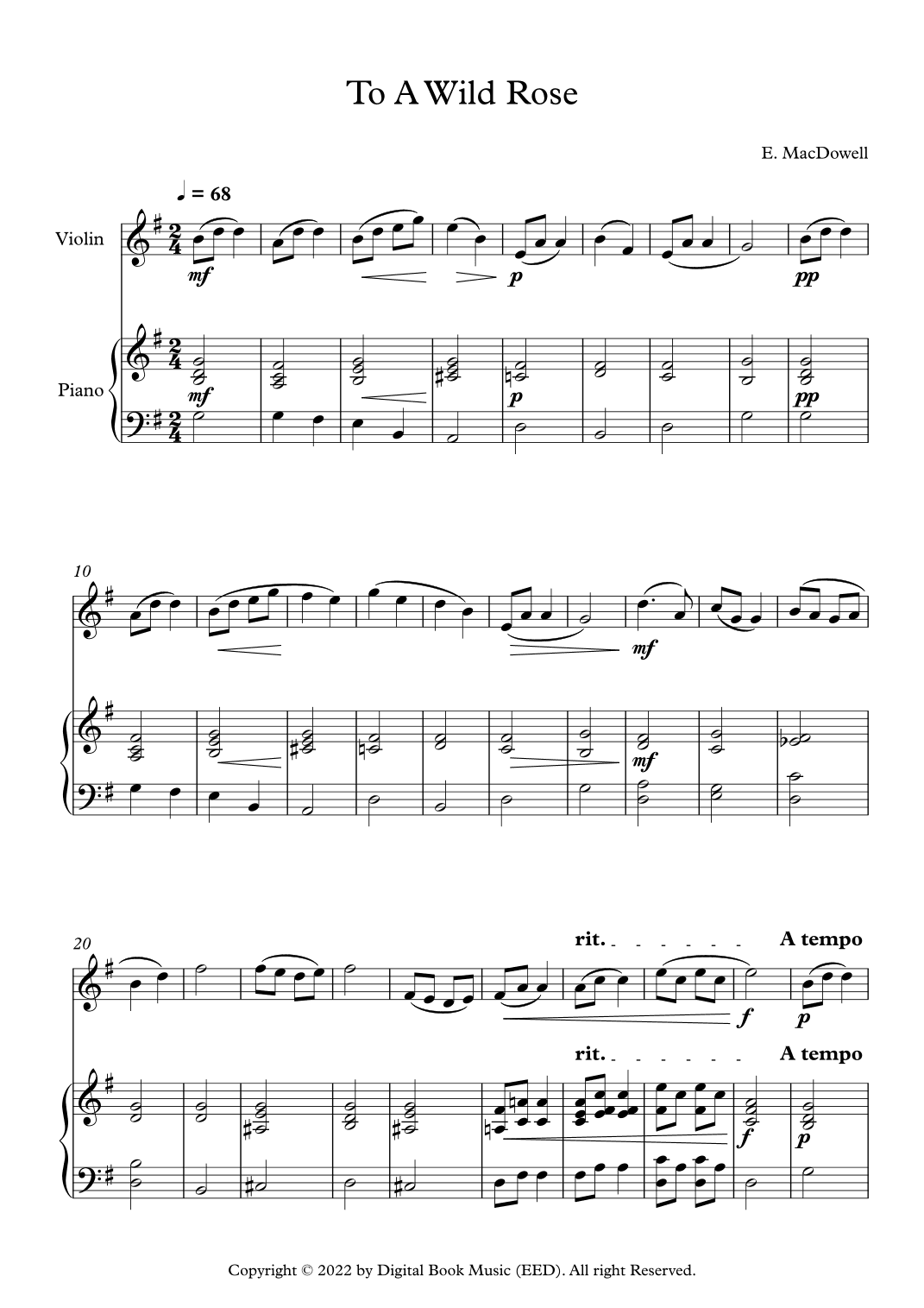 To A Wild Rose - Edward MacDowell (Violin + Piano) (arr. Digital Book Music)