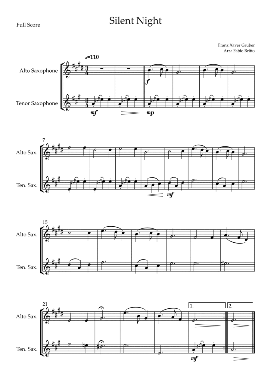 Silent Night (Christmas Song) for Alto Saxophone & Tenor Saxophone Duo (arr. Fabio Britto)