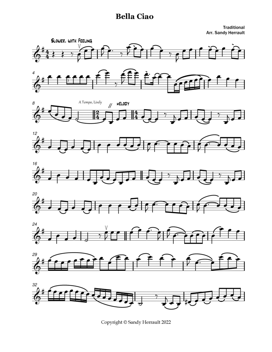 Bella Ciao, for Intermediate Violin (arr. Sandy Herrault)