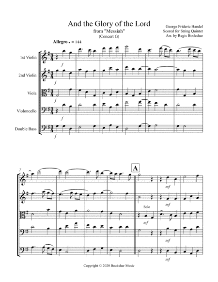 And the Glory of the Lord (from "Messiah") (G) (String Quintet - 2 Violins, 1 Viola, 1 Cello, 1 Bass (arr. Regis Bookshar)