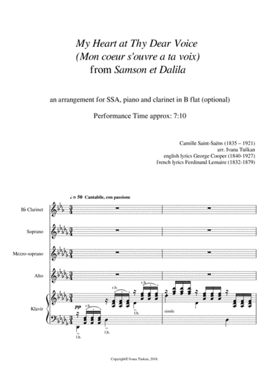 My heart at thy dear voice (Mon coeur) from Samson & Dalilah SSA, piano, clarinet (arr. Ivana Tuskan)