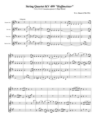 String Quartet KV 499 "Hoffmeister" for Saxophone Quartet (SATB) (arr. Diego Marani)