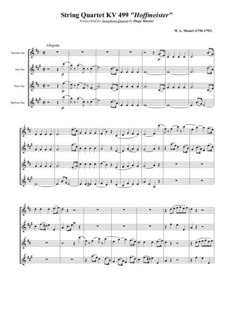 String Quartet KV 499 "Hoffmeister" for Saxophone Quartet (SATB) (arr. Diego Marani)