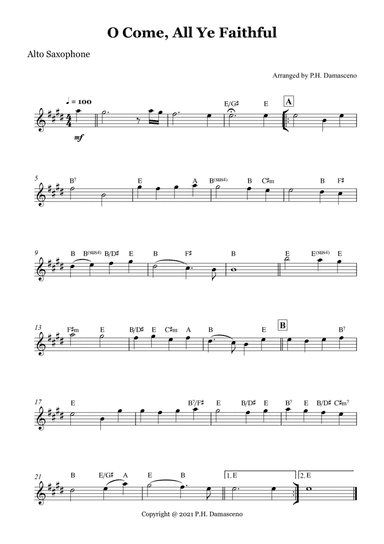 O Come, All Ye Faithful - Alto Saxophone Solo with Chords (arr. P.H. Damasceno)