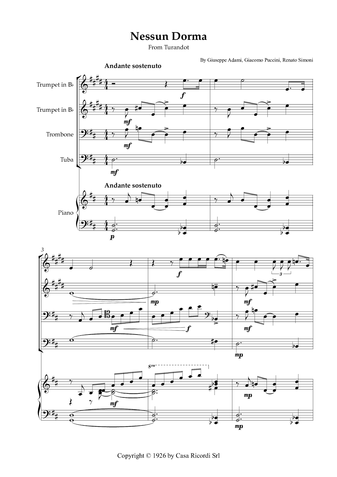 Nessun Dorma - Brass Quartet & Piano (arr. Karen Gueiros)
