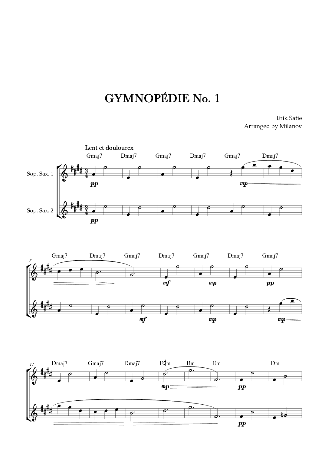 Gymnopédie no 1 | Soprano Saxophone Duet | Original Key | Chords | Easy intermediate (arr. Milanov)