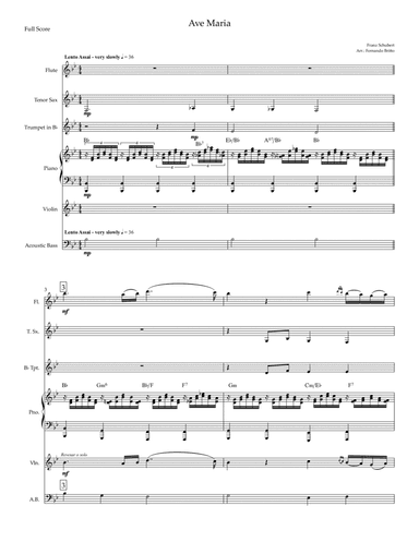 Ave Maria (Franz Schubert) for Flute, Tenor Sax, Trumpet, Violin, A. Bass and Piano with Chords (arr. Fernando Britto)
