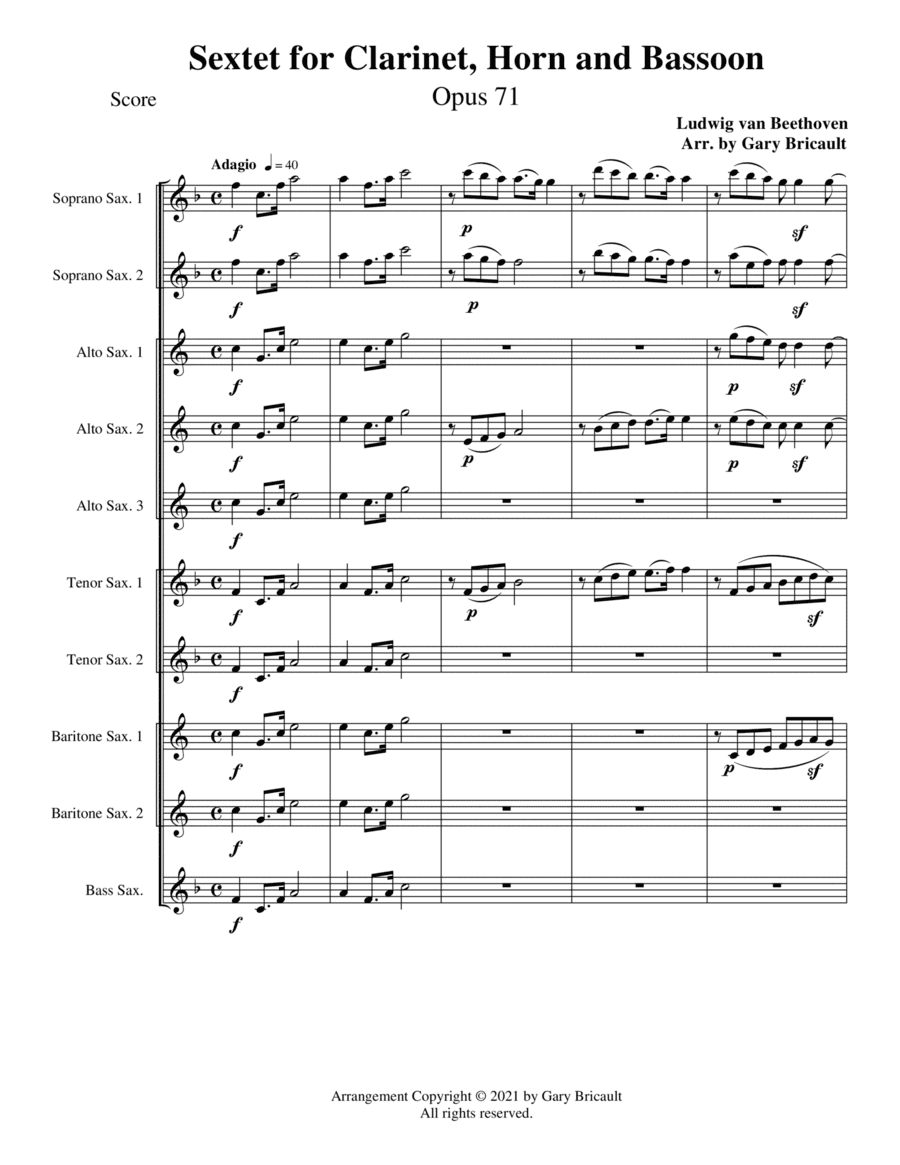 Sextet for Clarinet, Horn and Bassoon - Opus 71 (arr. Gary Bricault)
